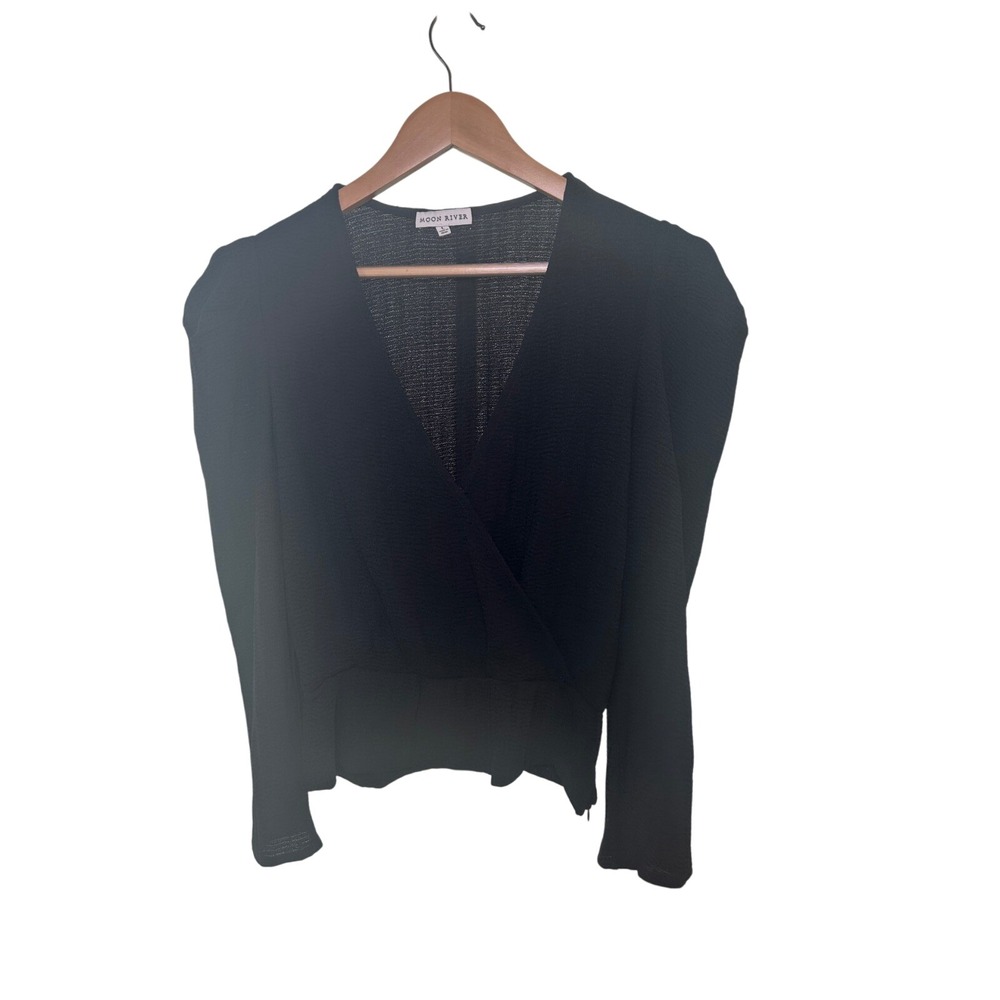 Moon River Black Blouse Wrap Top Long Sleeve Ruched Sleeve V Neck Womens Large